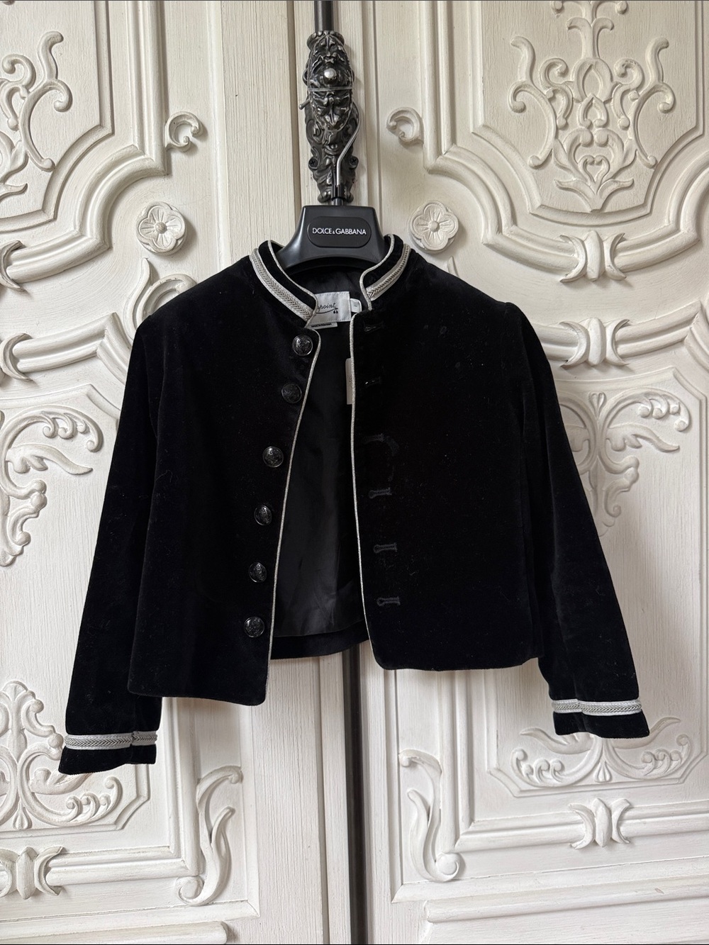 Bonpoint Black Velvet Cropped Jacket with Contrast Trim